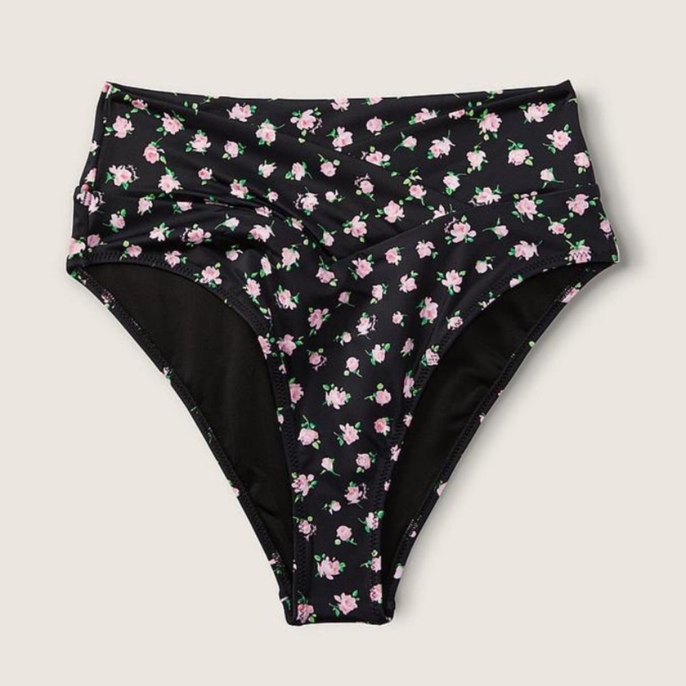 VS PINK V Crossover High-Waist Bikini Bottom Pure Black FLoral